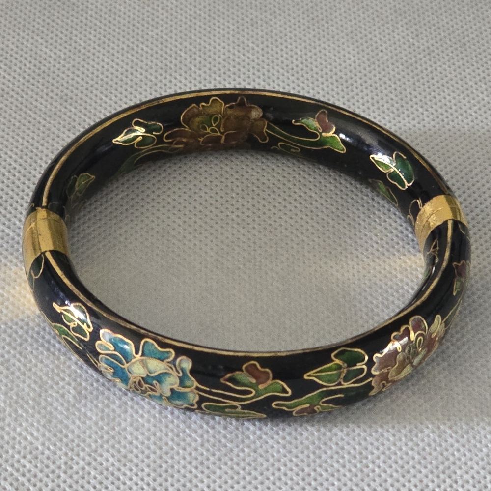 Russian Vintage Floral Black and Gold Lacquer Bangle Bracelet